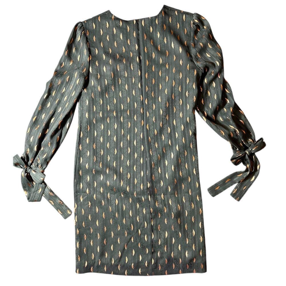 Banana Republic Green Gold Metallic Print Long Sleeve Tie Cuff Dress Size 2 - Picture 3 of 6
